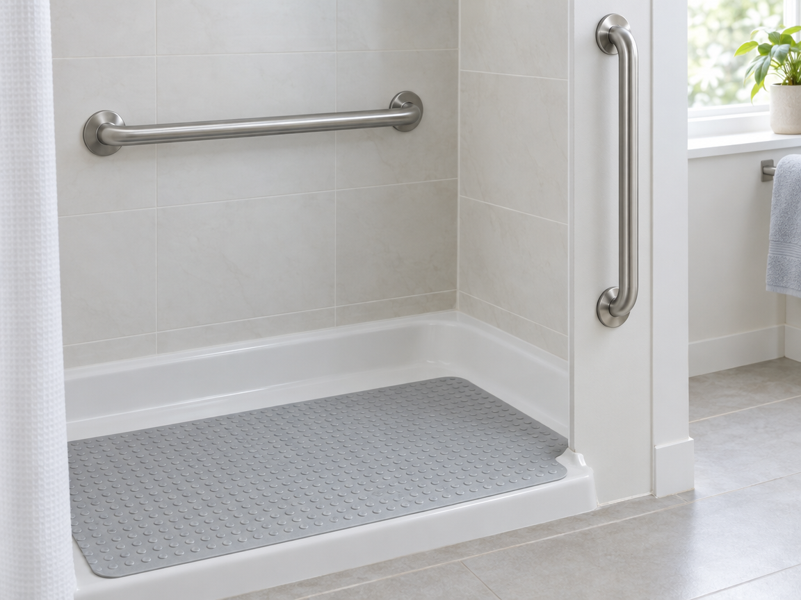 Bathroom grab bars, safety rail, and non-slip mat