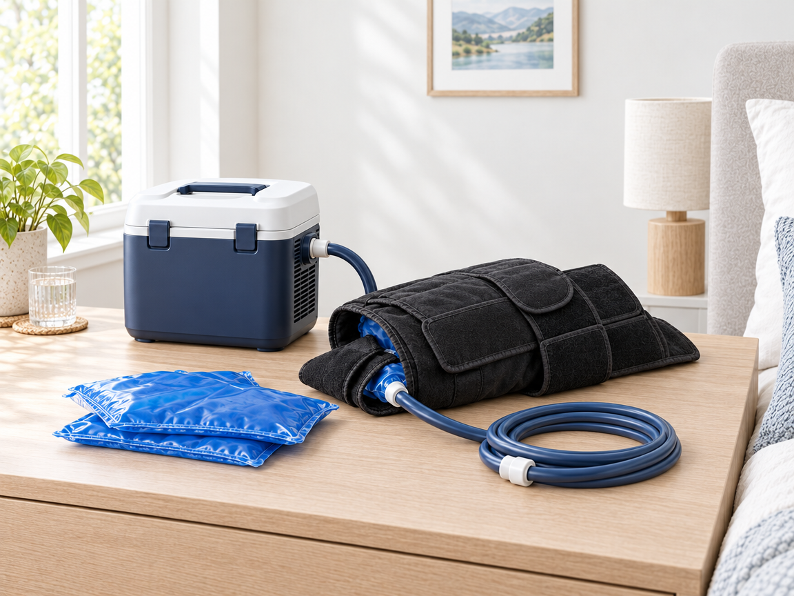 Cold-therapy machine, wrap, cold packs, and tubing on a bedside table